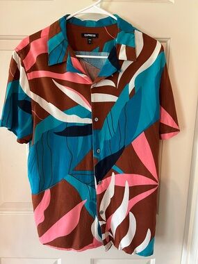 Express Men's Short-Sleeve Shirt in Brown, Teal & Pink